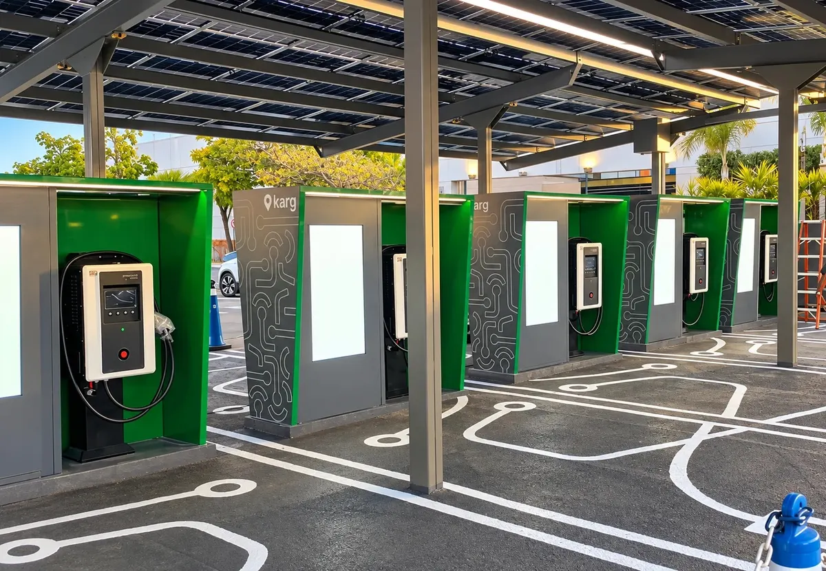 Fileira de estações de recarga instaladas sob o carport, com as vagas demarcadas no piso