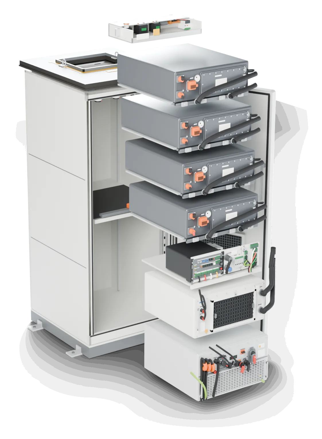 Gabinete de baterias aberto, com as camadas separadas: inversor, controle térmico, controle, quatro módulos de bateria e proteção elétrica.