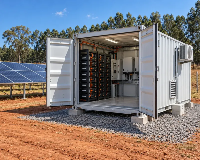 Contêiner aberto com baterias e inversores ao lado de módulos solares montados no solo, numa área rural
