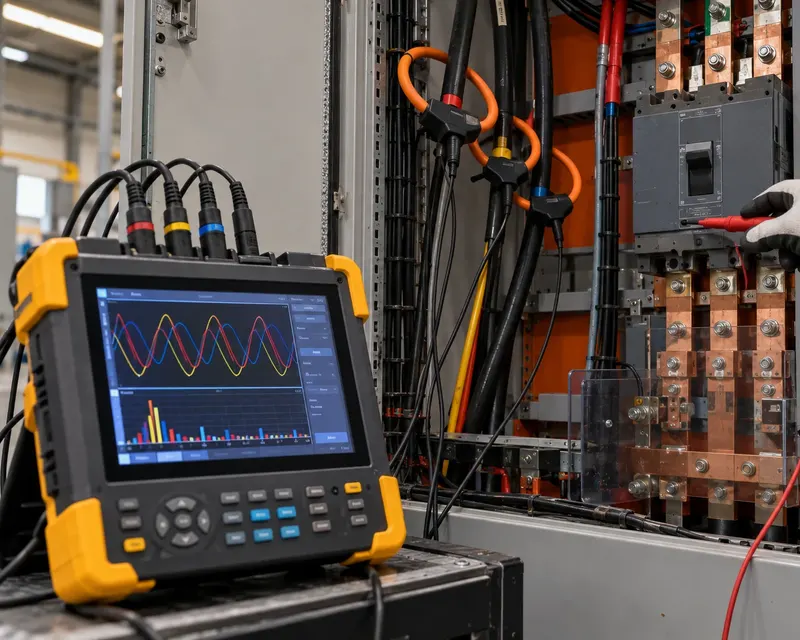 Analisador de qualidade de energia ligado ao quadro geral de uma fábrica, com as pinças de corrente nos cabos e as formas de onda na tela