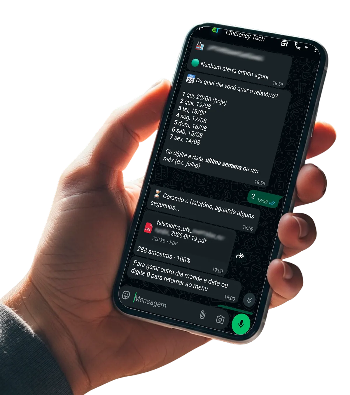 Celular recebendo pelo WhatsApp o relatório da usina em PDF, pedido por mensagem.